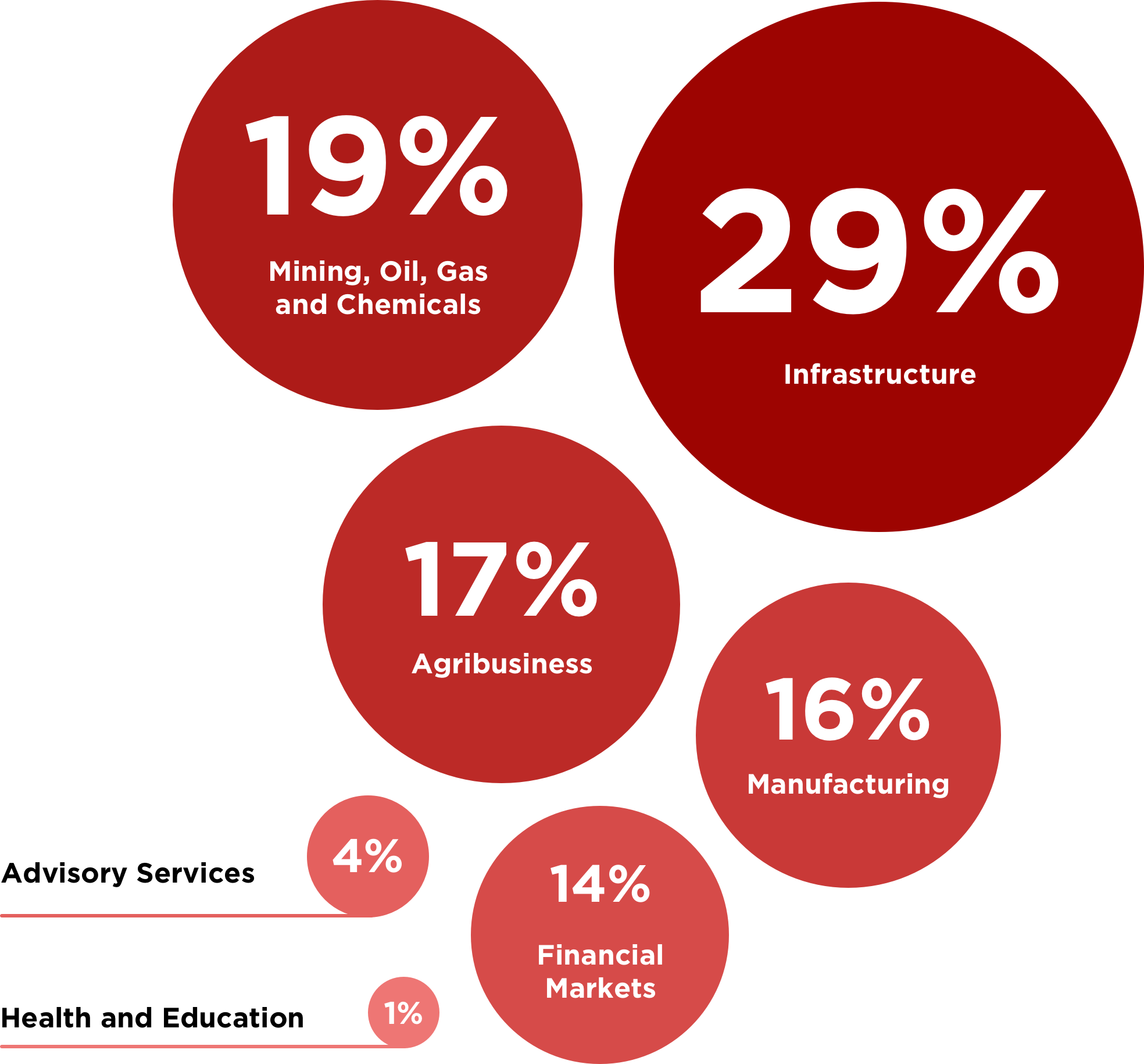 Infrastructure - 29%; Mining, Oil, Gas and Chemicals - 19%; Agribusiness - 17%; Manufacturing - 16%; Financial Markets - 14%; Advisory Services - 4%; Health and Education - 1%